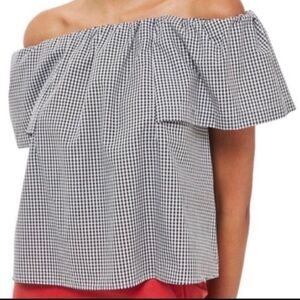 𝅺TOPSHOP Maggie Bardot gingham black & white checked plaid off-the-shoulder top